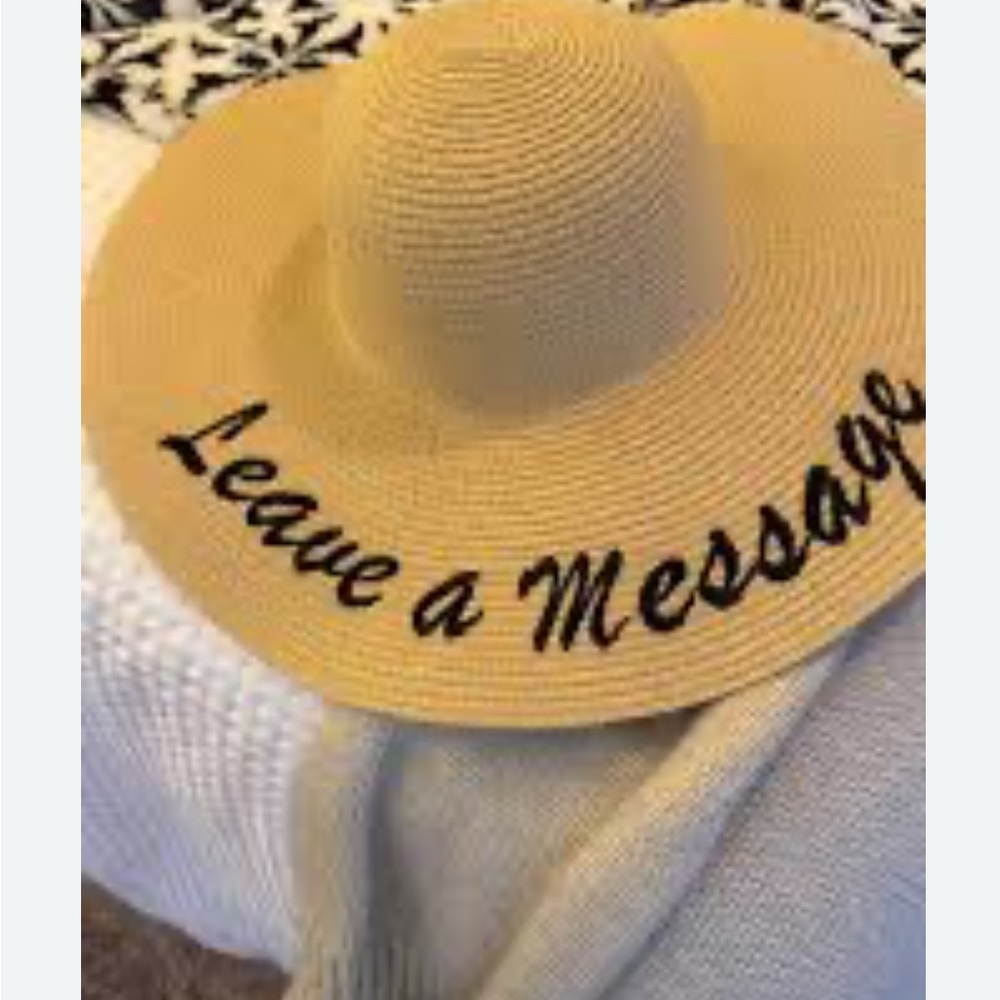 Leave A Message Embroidered Floppy Tan Straw Hat Beach Vacation Travel Wide Brim